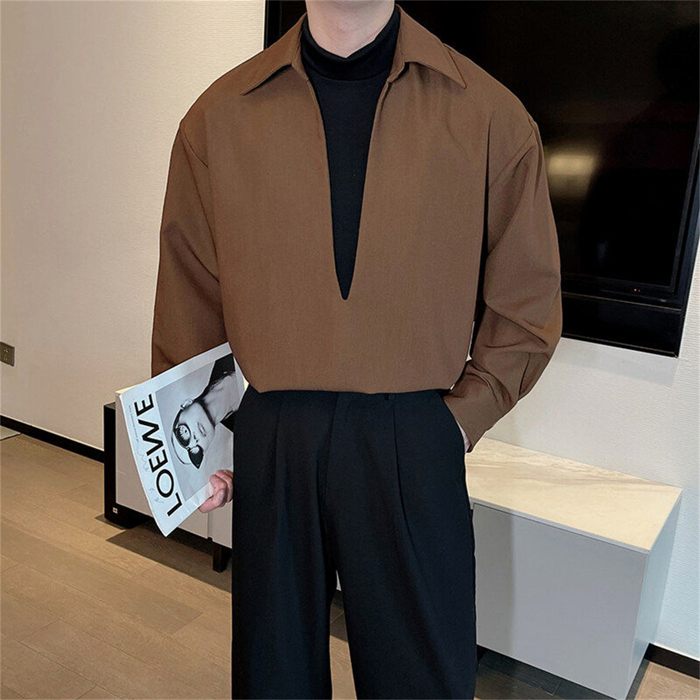 Handsome Man With Deep V-neck And Long Sleeve Shirt