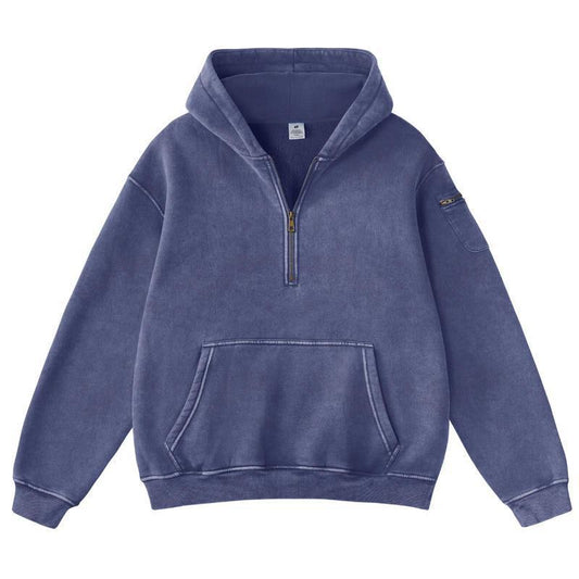 Mens Solid-Color Zip-Up Casual Loose Long-Sleeve Hoodie