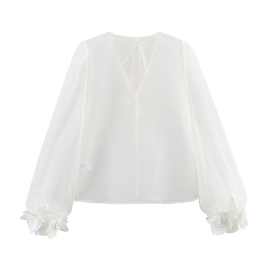 V-neck Puff Sleeve Three-dimensional Flower Decoration Sheer Top