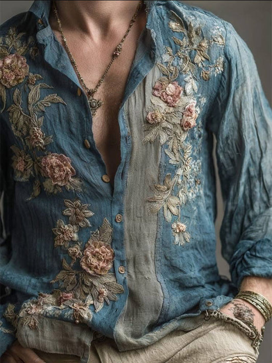 Retro Casual American-style Loose-fitting Mens Printed Long-sleeve Floral Shirt