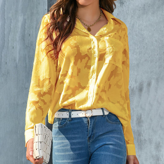 Womens Casual Sheer Button Down Shirts Long Sleeve V Neck Jacquard Blouses Tops