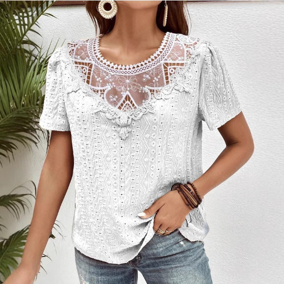 Lace Stitching Hollow Round Neck Solid Color Short Sleeve