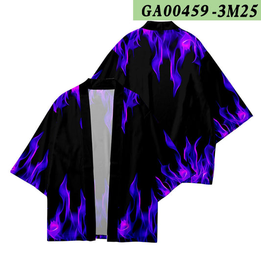 Summer Haori Kimono 3D Color Block Landscape Stitching Printing Cropped Shirt Robe Cardigan Loose Men