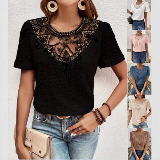 Lace Stitching Hollow Round Neck Solid Color Short Sleeve