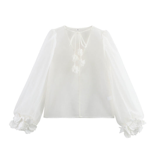V-neck Puff Sleeve Three-dimensional Flower Decoration Sheer Top