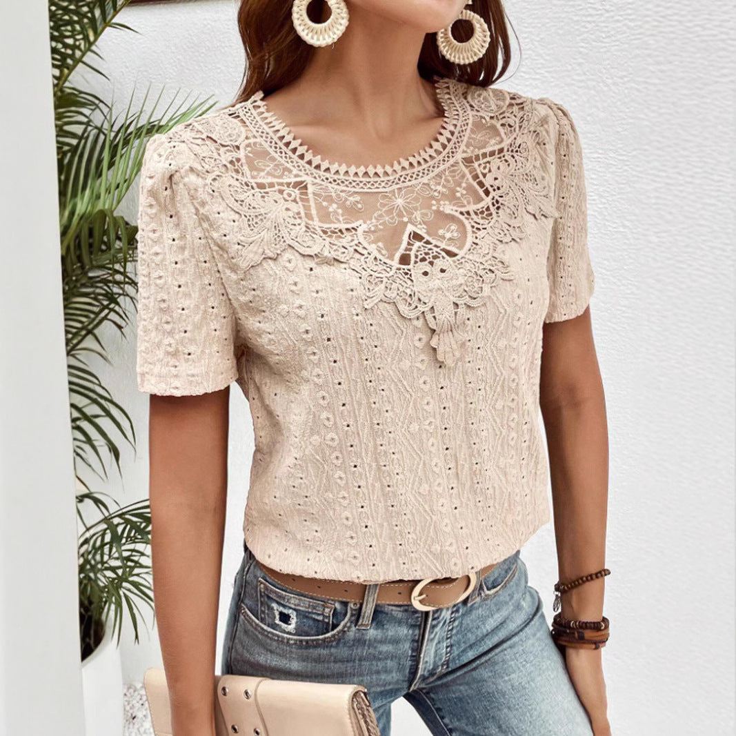 Lace Stitching Hollow Round Neck Solid Color Short Sleeve
