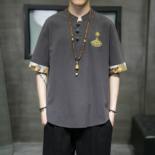 Men's Tang Suit Chinese Knot Button Embroidery T-shirt T-shirt Top