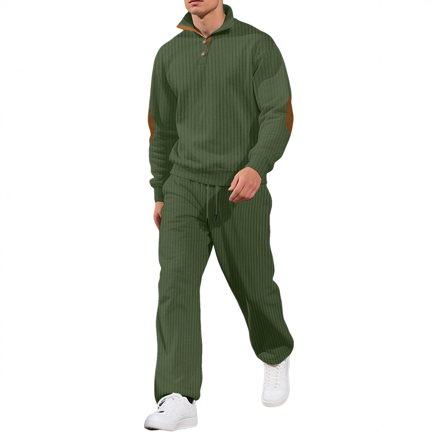 Mens Casual Trousers And Stand-collar Versatile Jacquard Ribbed Knit Top Autumn Outfit Set