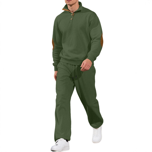 Mens Casual Trousers And Stand-collar Versatile Jacquard Ribbed Knit Top Autumn Outfit Set